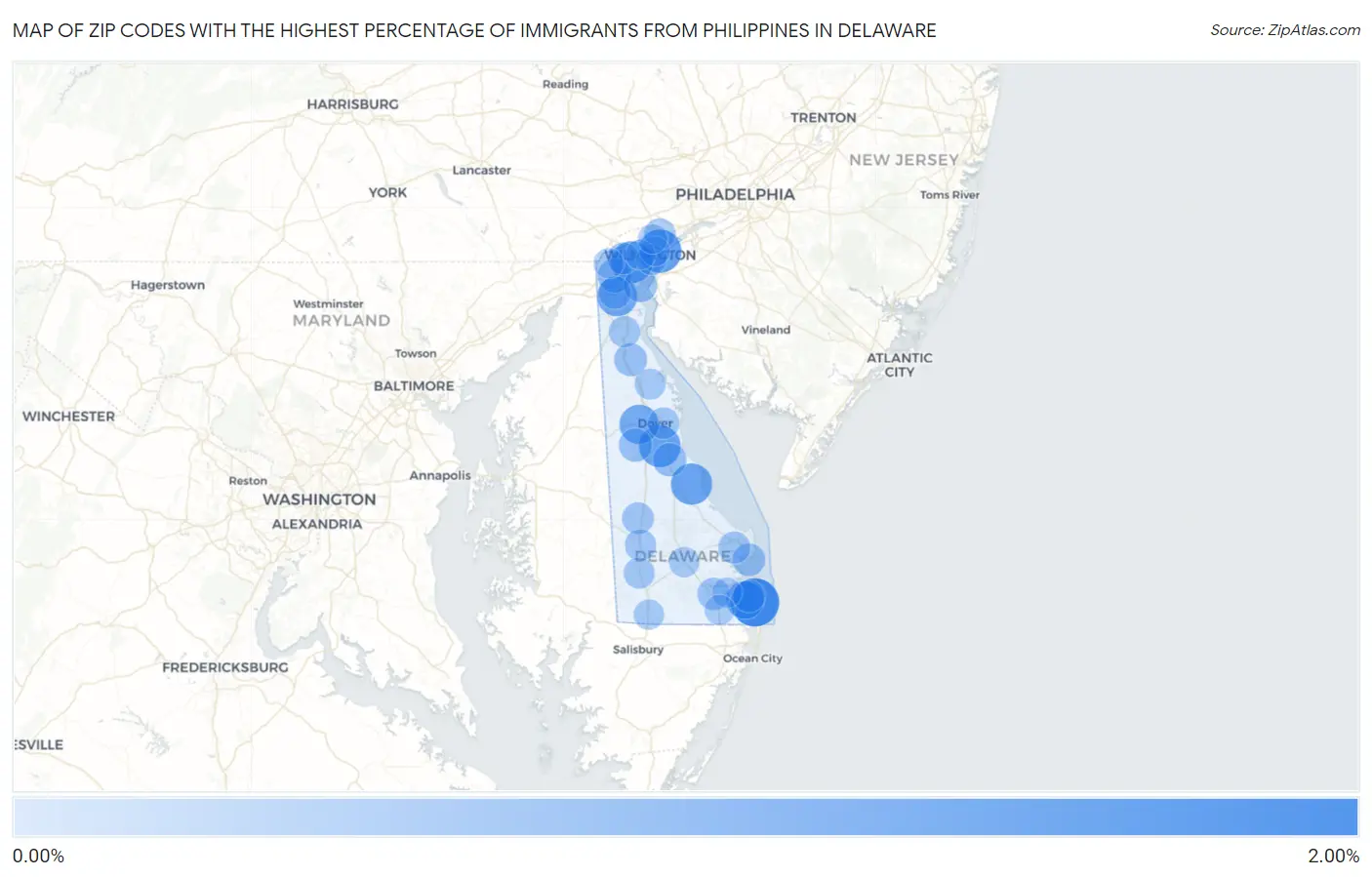 Zip Codes with the Highest Percentage of Immigrants from Philippines in Delaware Map