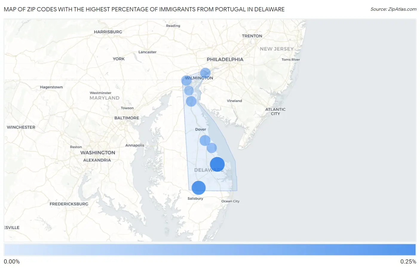 Zip Codes with the Highest Percentage of Immigrants from Portugal in Delaware Map