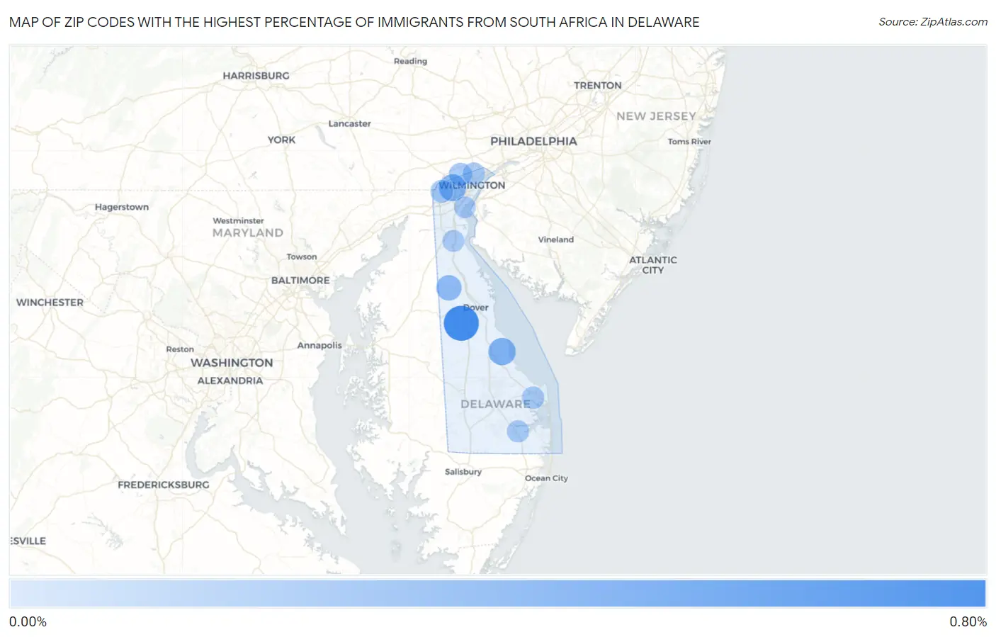 Zip Codes with the Highest Percentage of Immigrants from South Africa in Delaware Map
