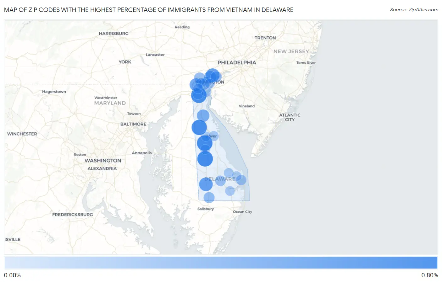 Zip Codes with the Highest Percentage of Immigrants from Vietnam in Delaware Map