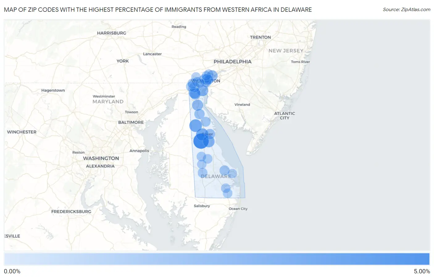 Zip Codes with the Highest Percentage of Immigrants from Western Africa in Delaware Map