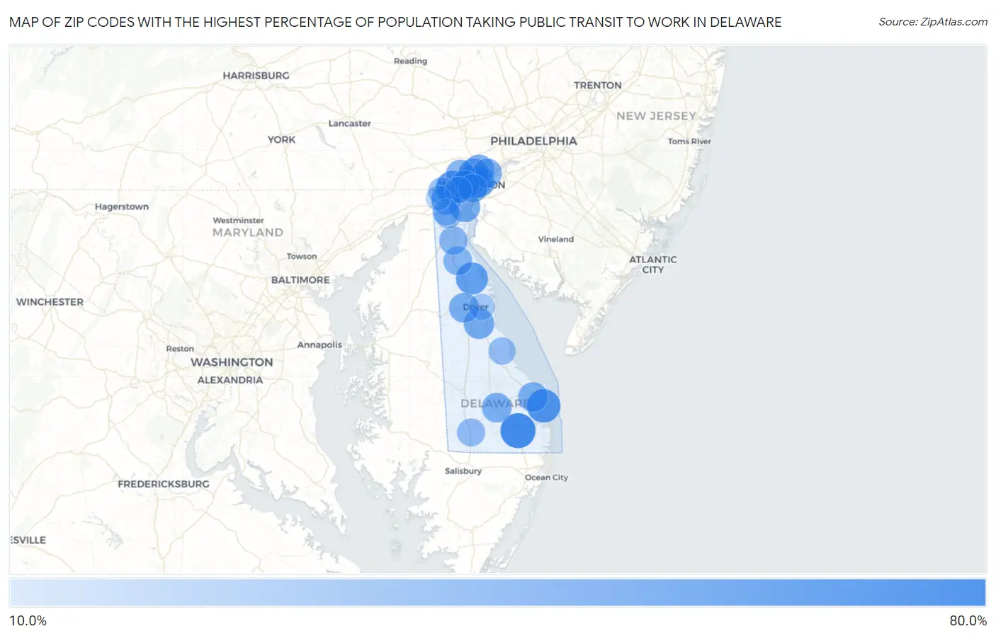 Zip Codes with the Highest Percentage of Population Taking Public Transit to Work in Delaware Map