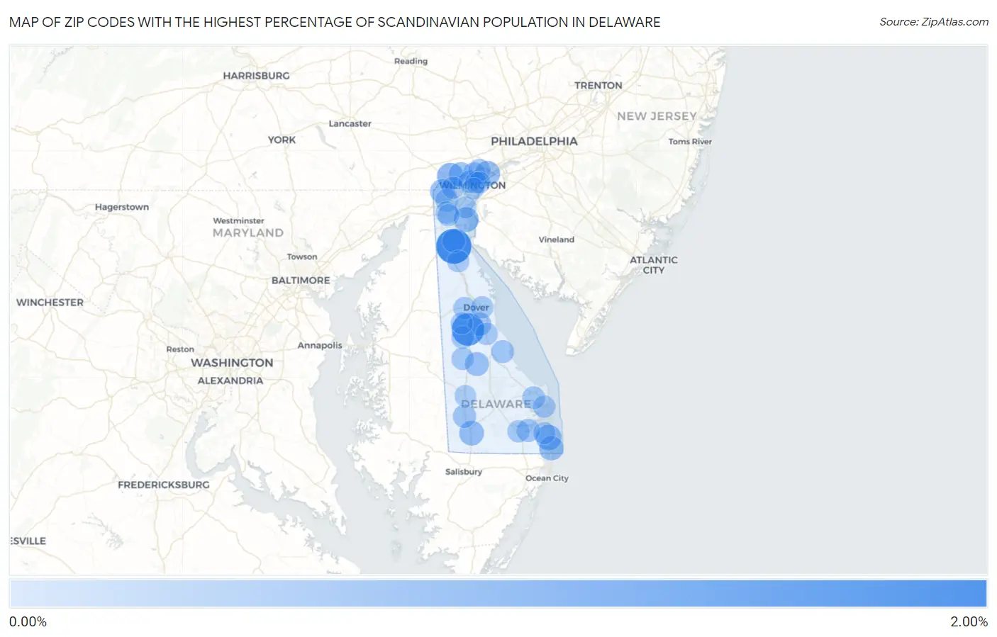 Zip Codes with the Highest Percentage of Scandinavian Population in Delaware Map