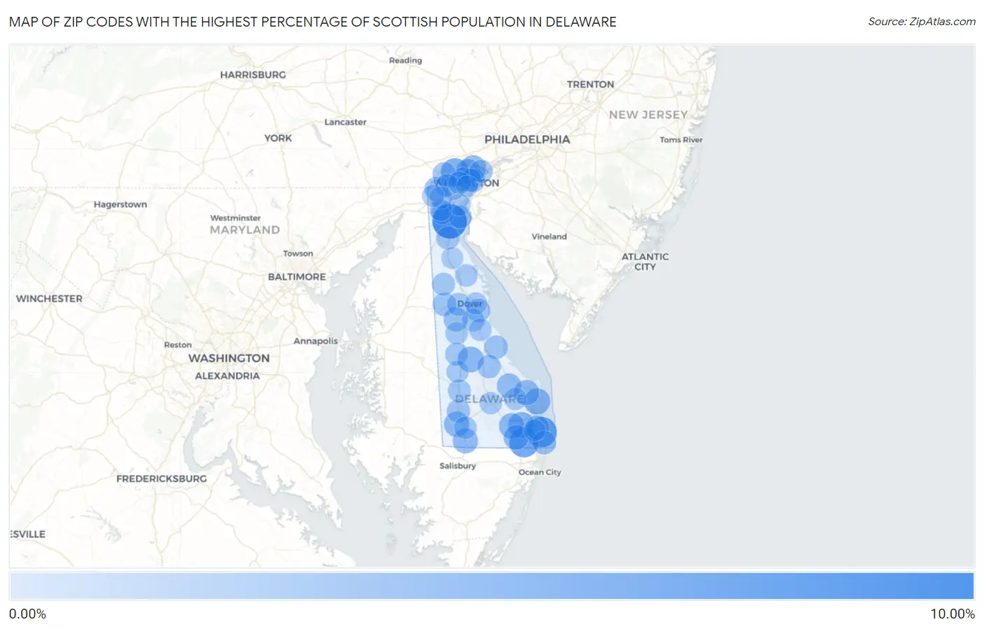 Zip Codes with the Highest Percentage of Scottish Population in Delaware Map