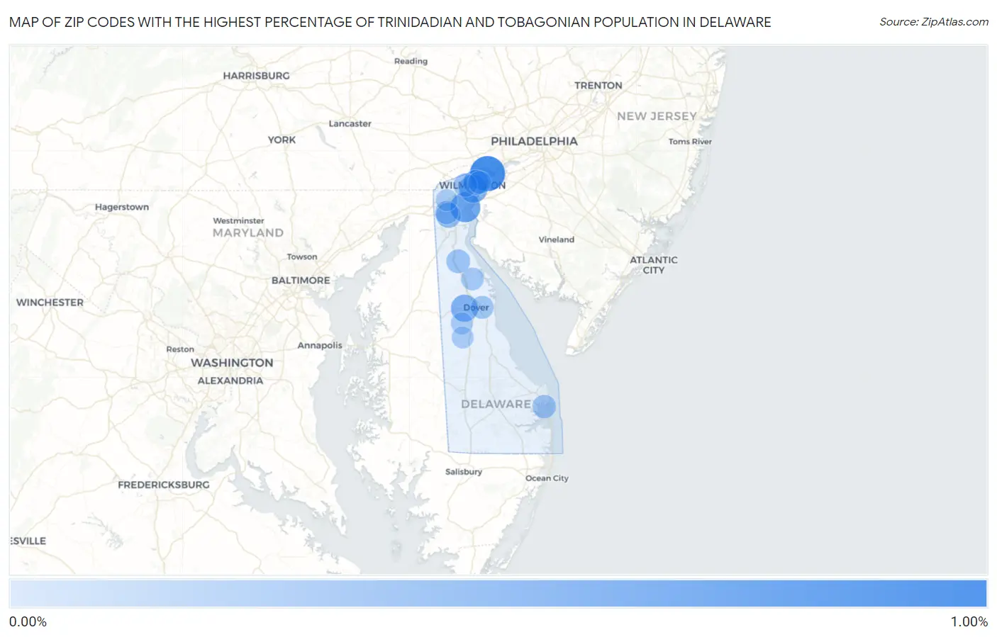Zip Codes with the Highest Percentage of Trinidadian and Tobagonian Population in Delaware Map