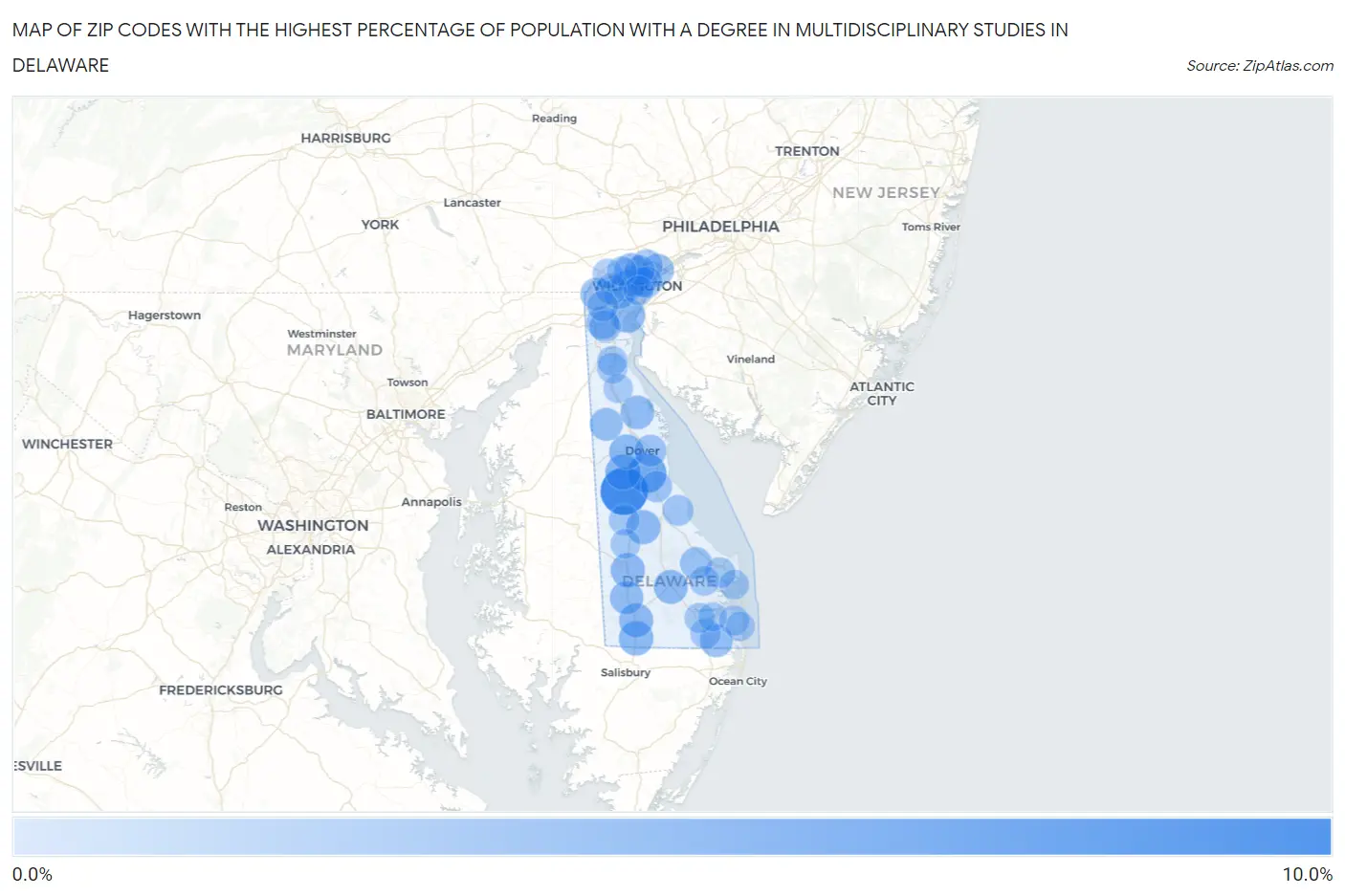 Zip Codes with the Highest Percentage of Population with a Degree in Multidisciplinary Studies in Delaware Map
