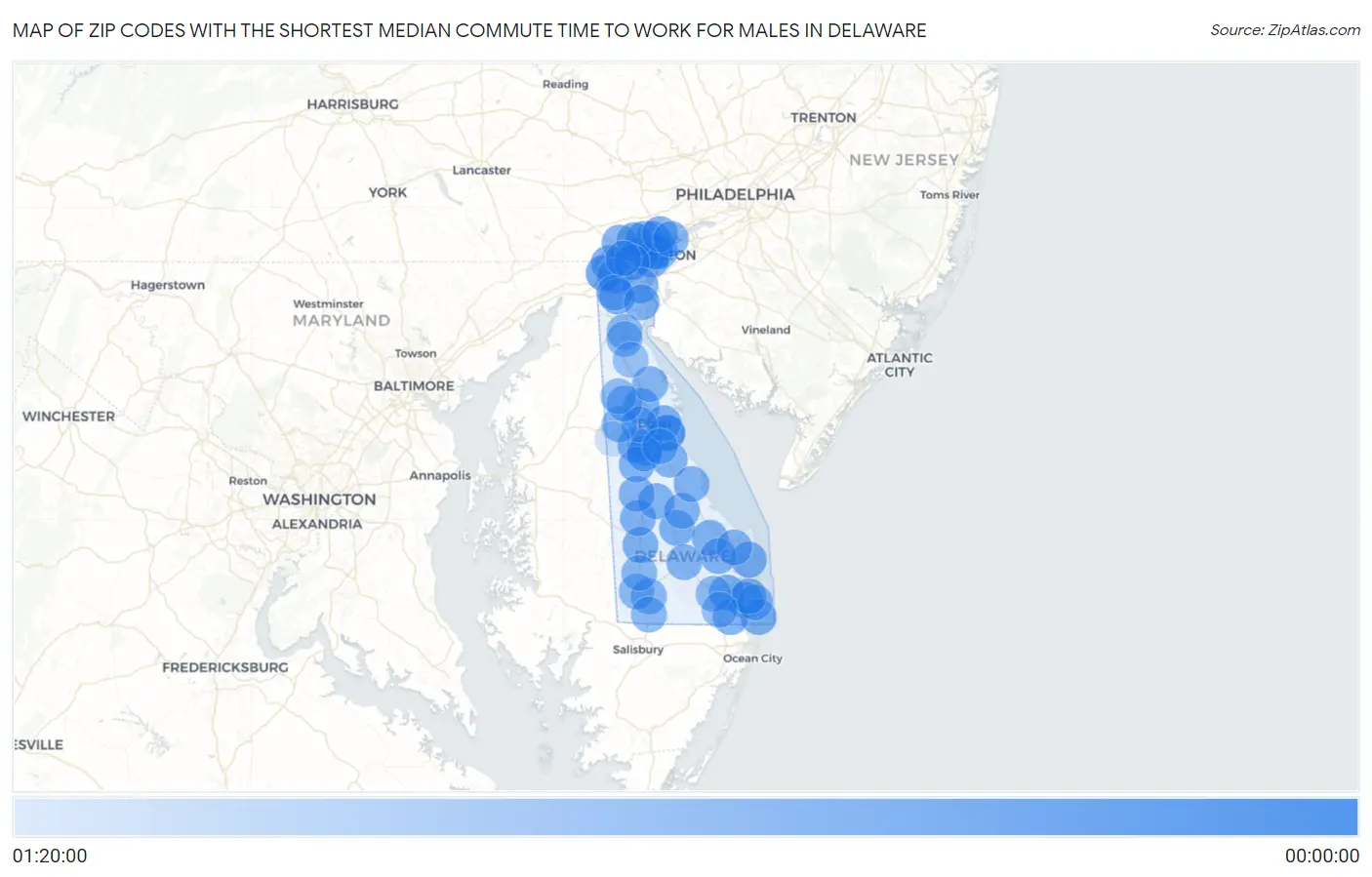 Zip Codes with the Shortest Median Commute Time to Work for Males in Delaware Map