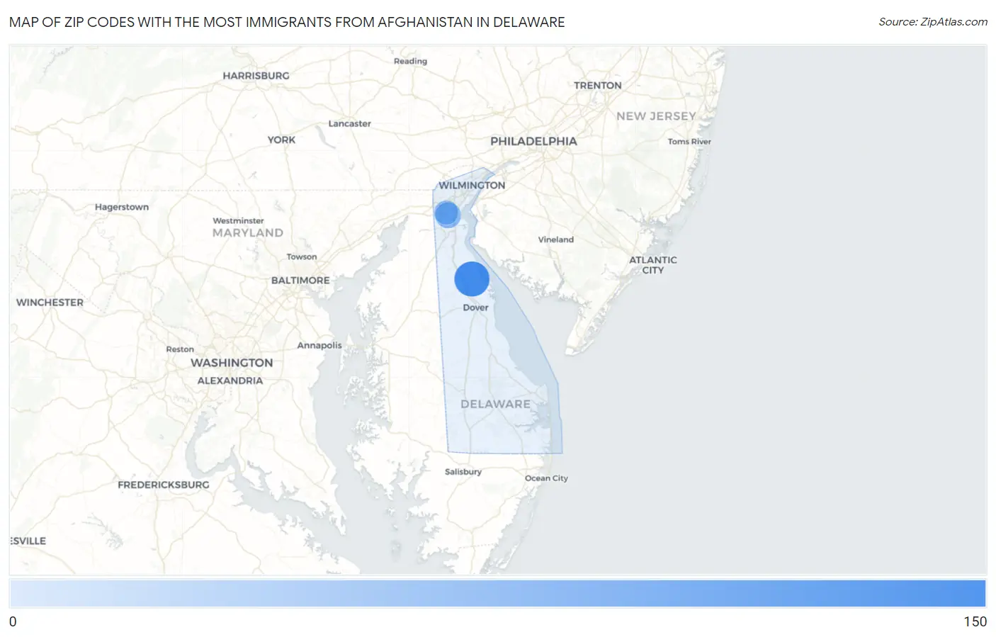 Zip Codes with the Most Immigrants from Afghanistan in Delaware Map