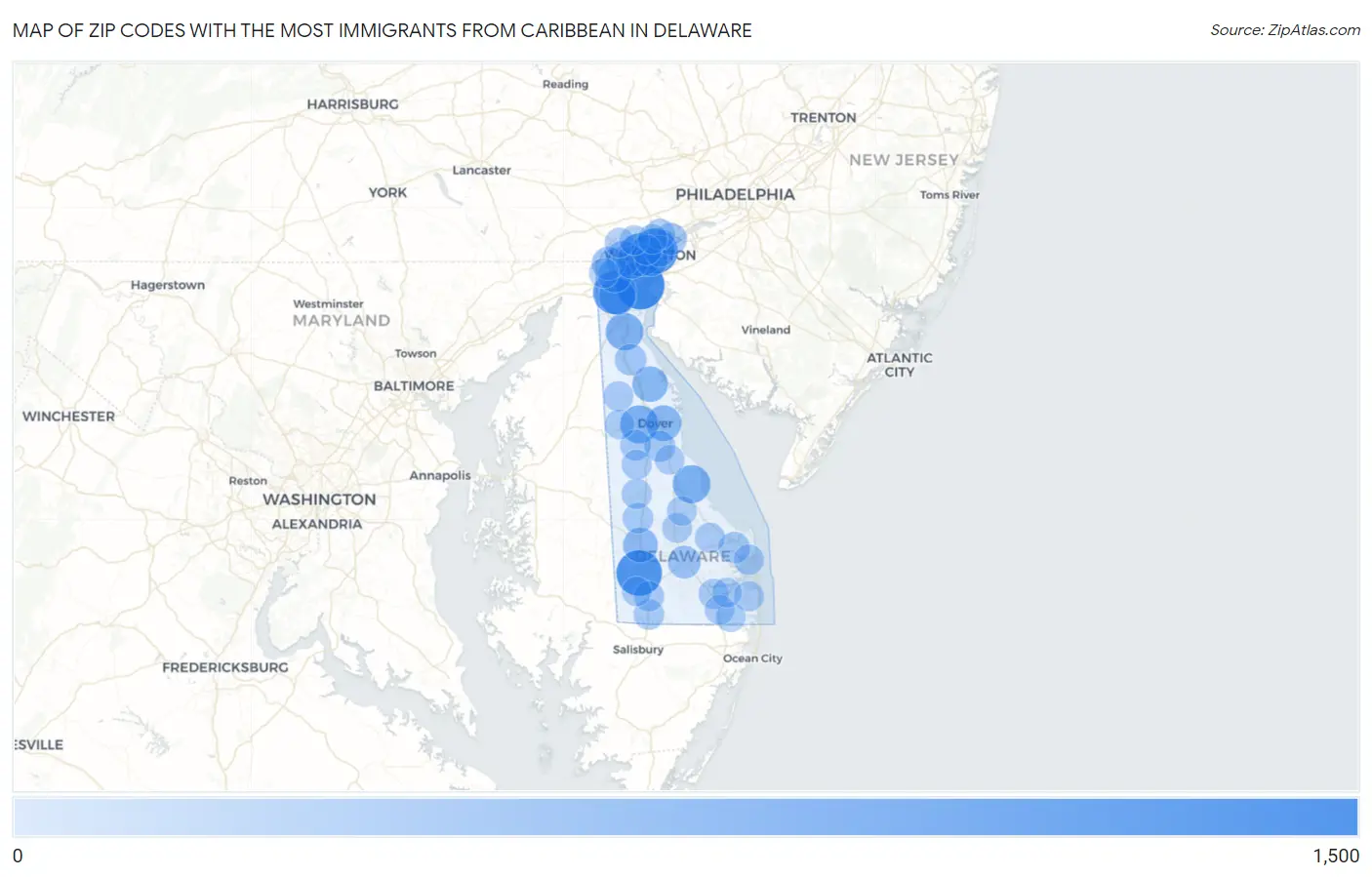 Zip Codes with the Most Immigrants from Caribbean in Delaware Map