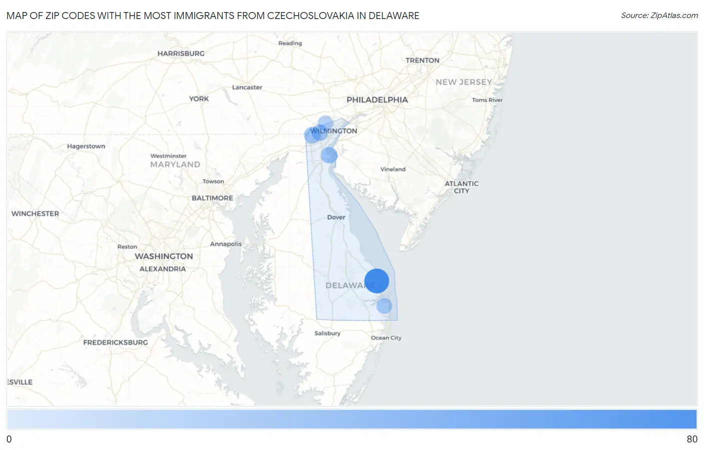 Zip Codes with the Most Immigrants from Czechoslovakia in Delaware Map
