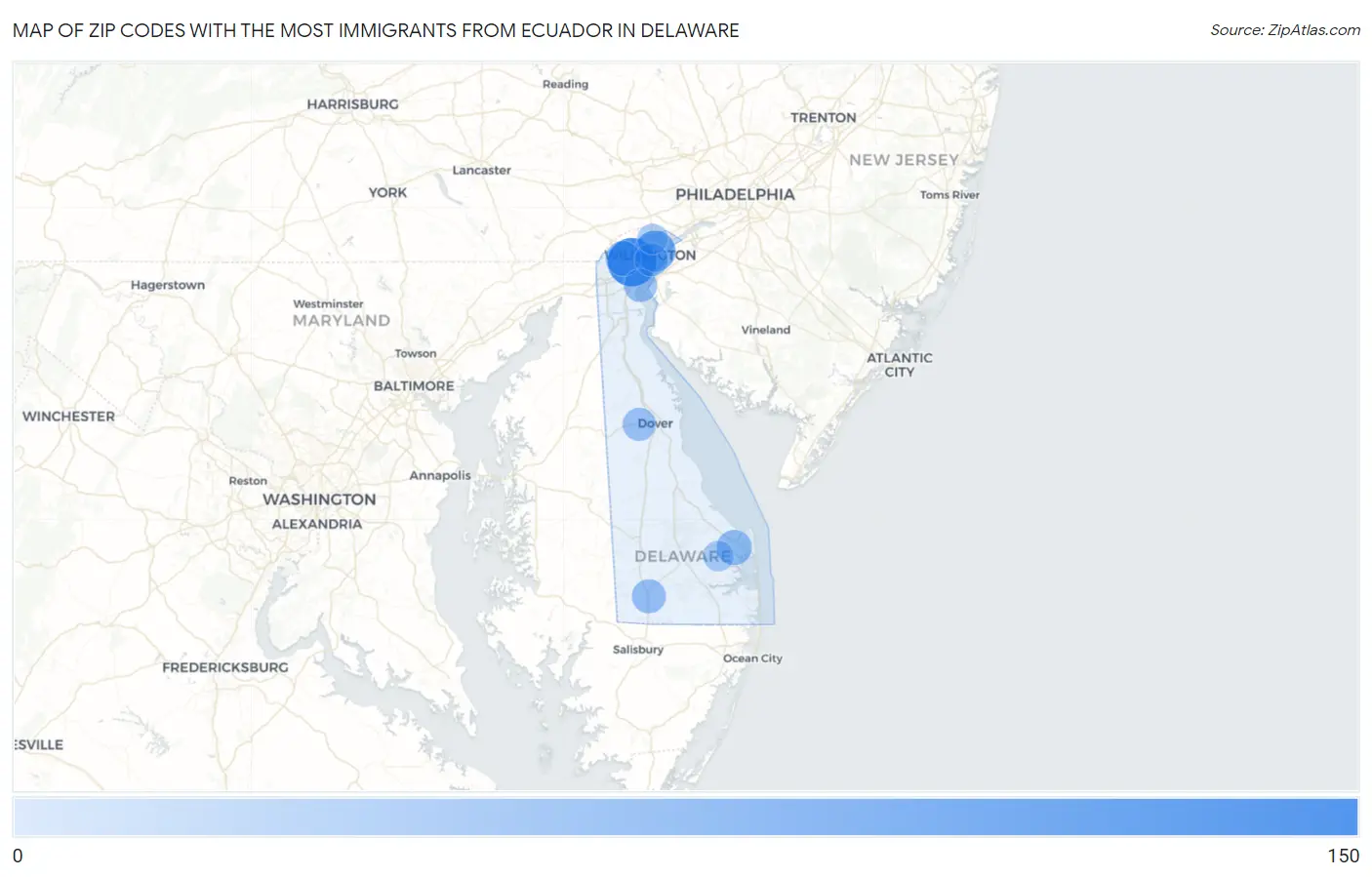 Zip Codes with the Most Immigrants from Ecuador in Delaware Map