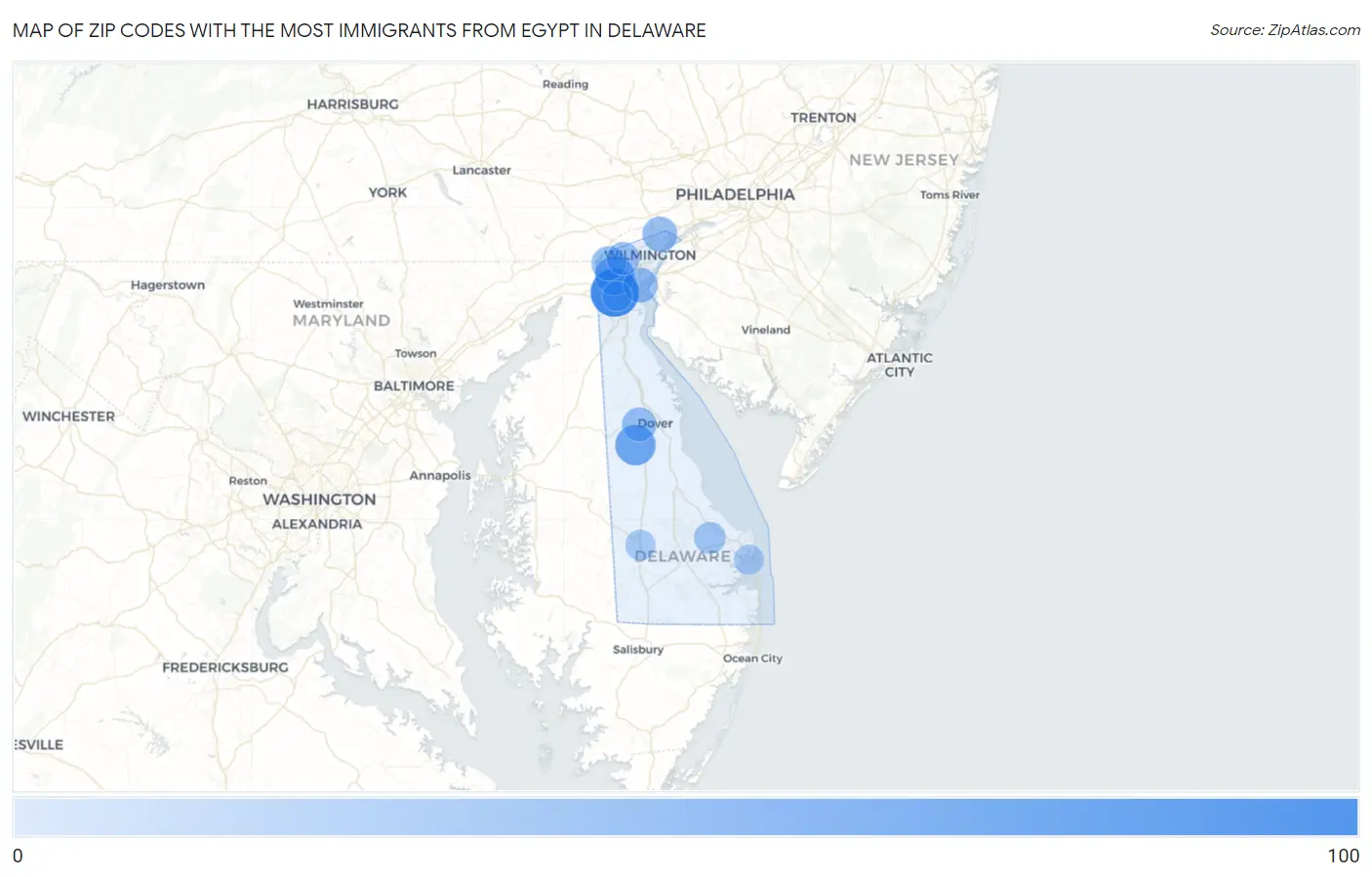 Zip Codes with the Most Immigrants from Egypt in Delaware Map