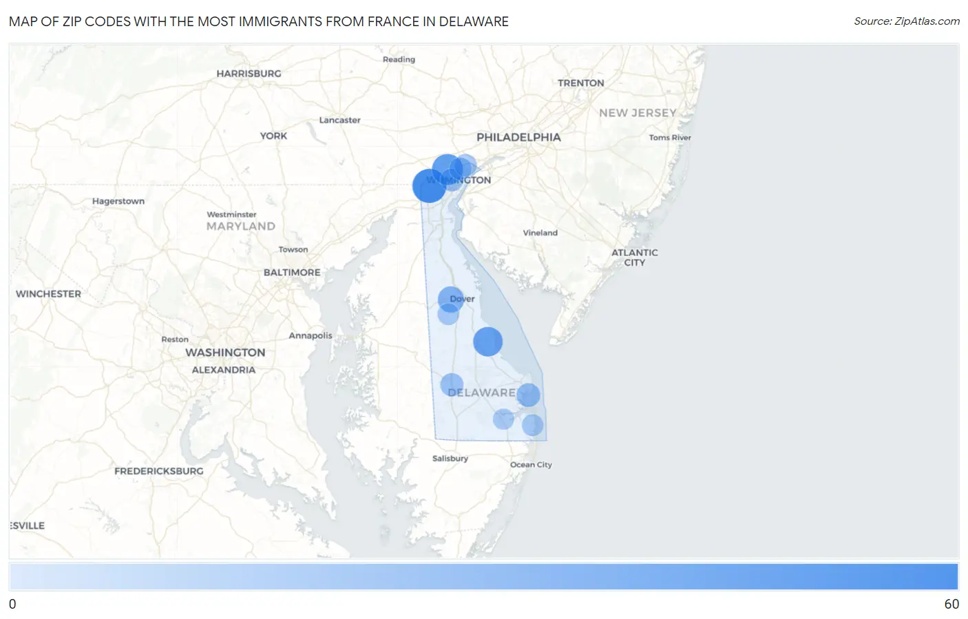 Zip Codes with the Most Immigrants from France in Delaware Map