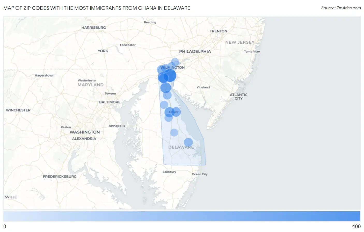 Zip Codes with the Most Immigrants from Ghana in Delaware Map