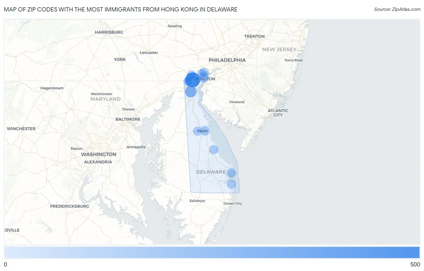 Zip Codes with the Most Immigrants from Hong Kong in Delaware Map