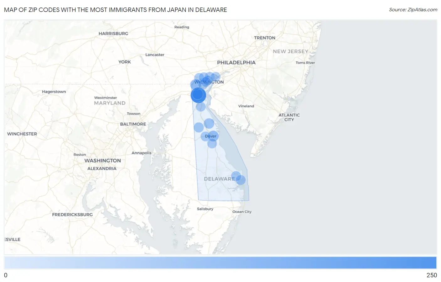 Zip Codes with the Most Immigrants from Japan in Delaware Map
