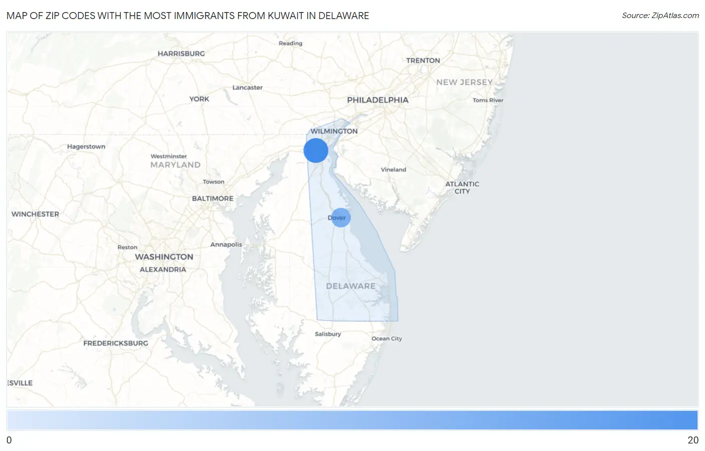Zip Codes with the Most Immigrants from Kuwait in Delaware Map