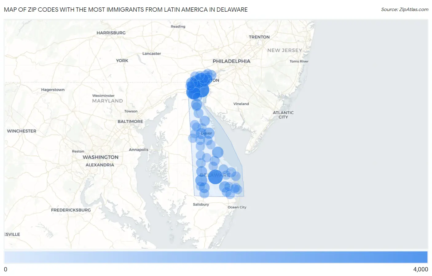 Zip Codes with the Most Immigrants from Latin America in Delaware Map