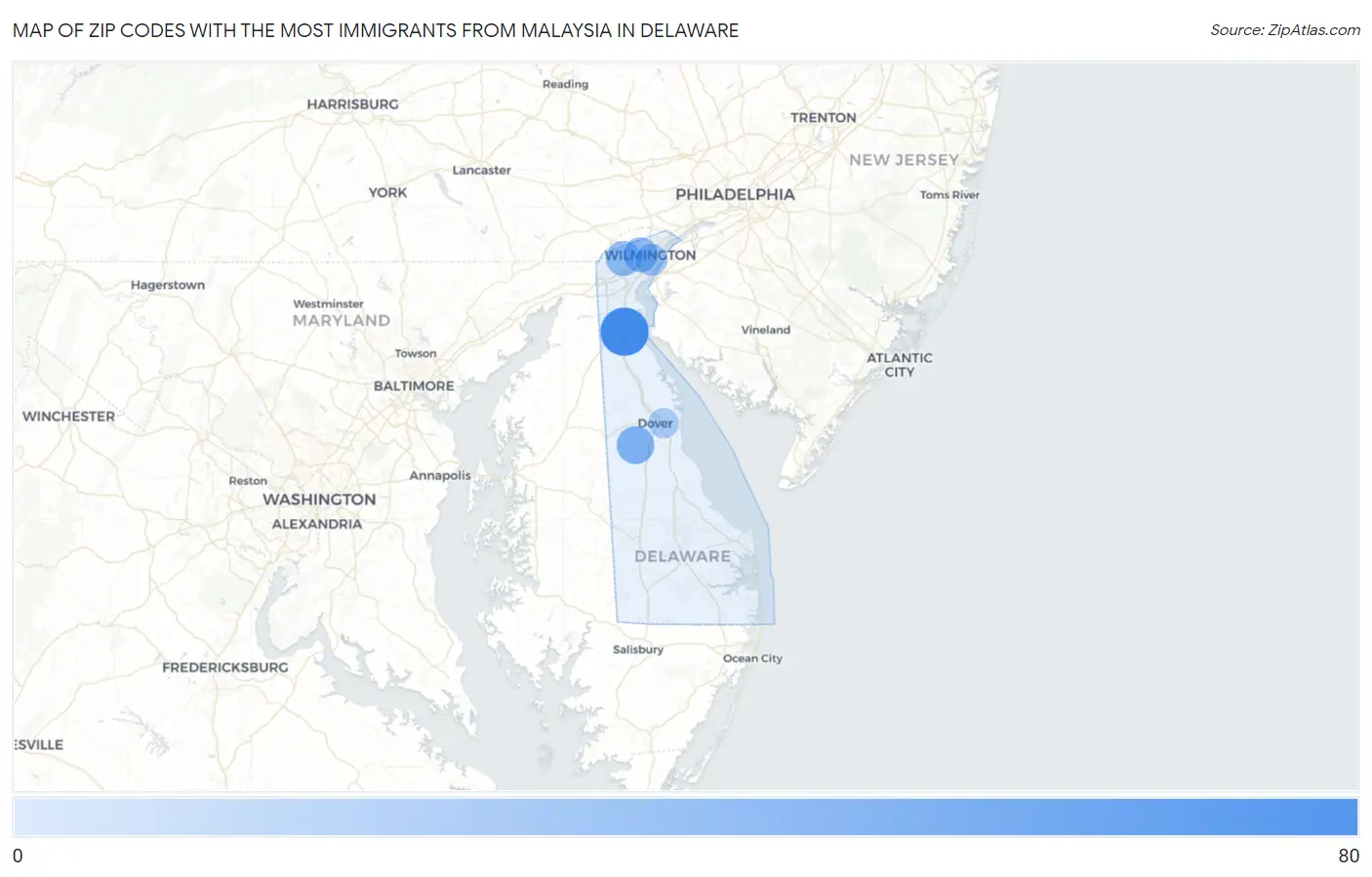 Zip Codes with the Most Immigrants from Malaysia in Delaware Map