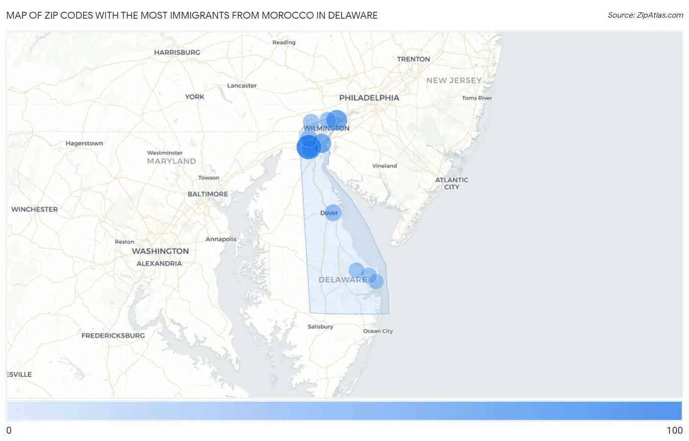 Zip Codes with the Most Immigrants from Morocco in Delaware Map