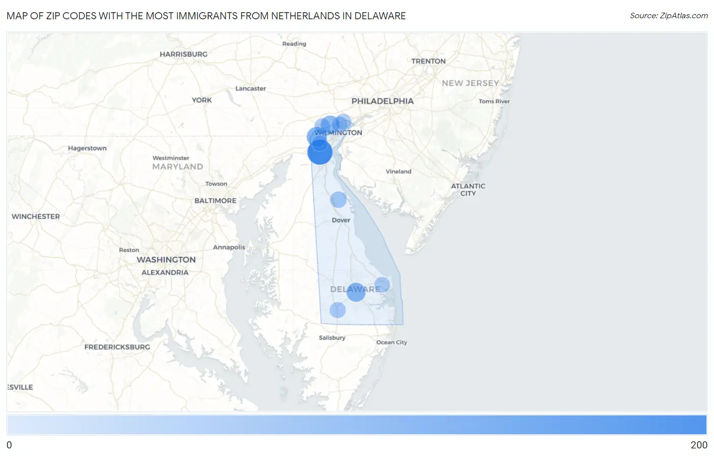 Zip Codes with the Most Immigrants from Netherlands in Delaware Map