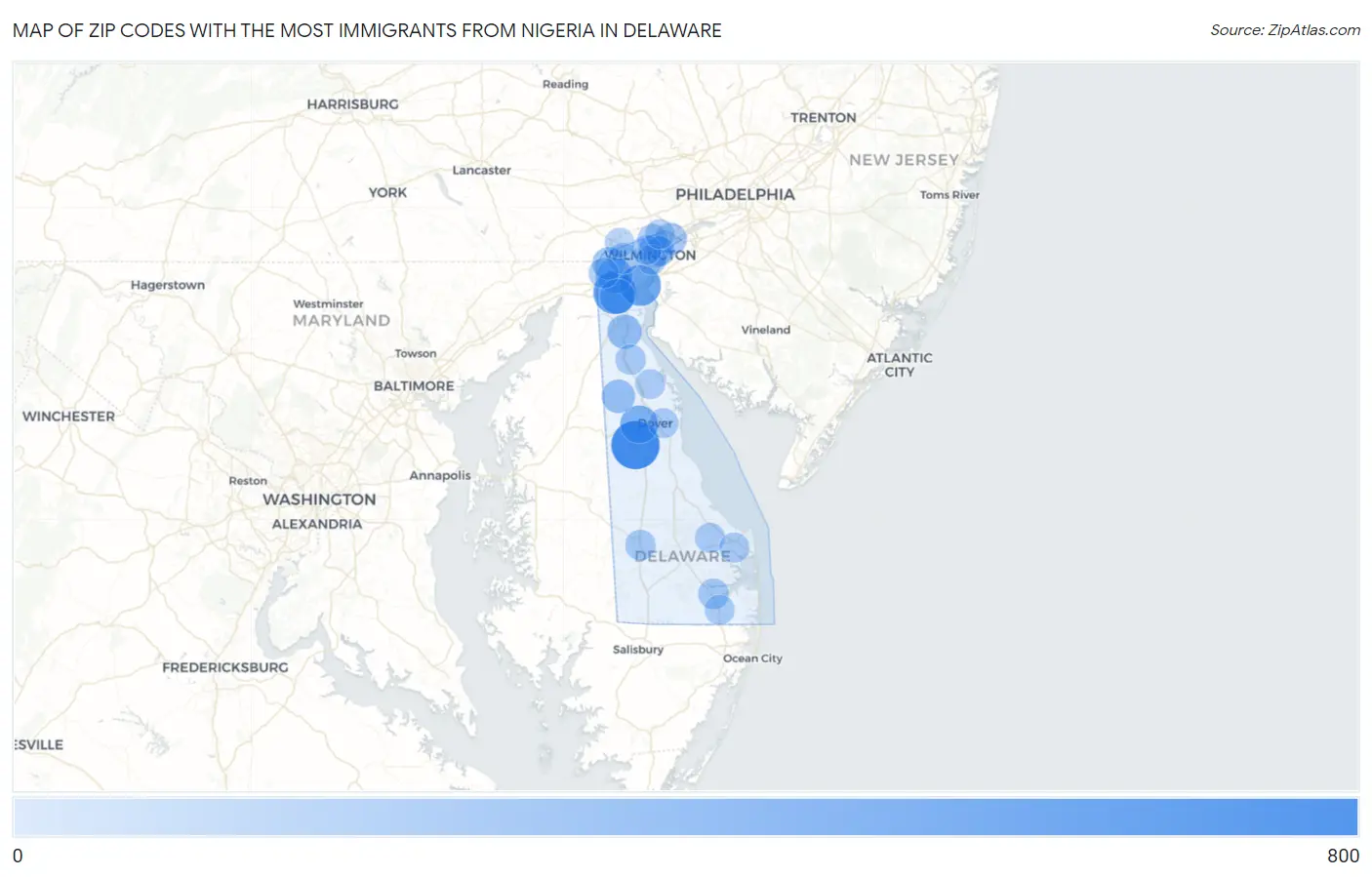 Zip Codes with the Most Immigrants from Nigeria in Delaware Map