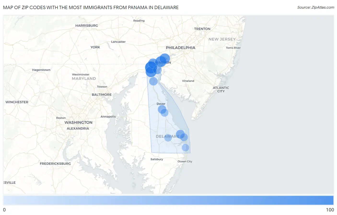 Zip Codes with the Most Immigrants from Panama in Delaware Map