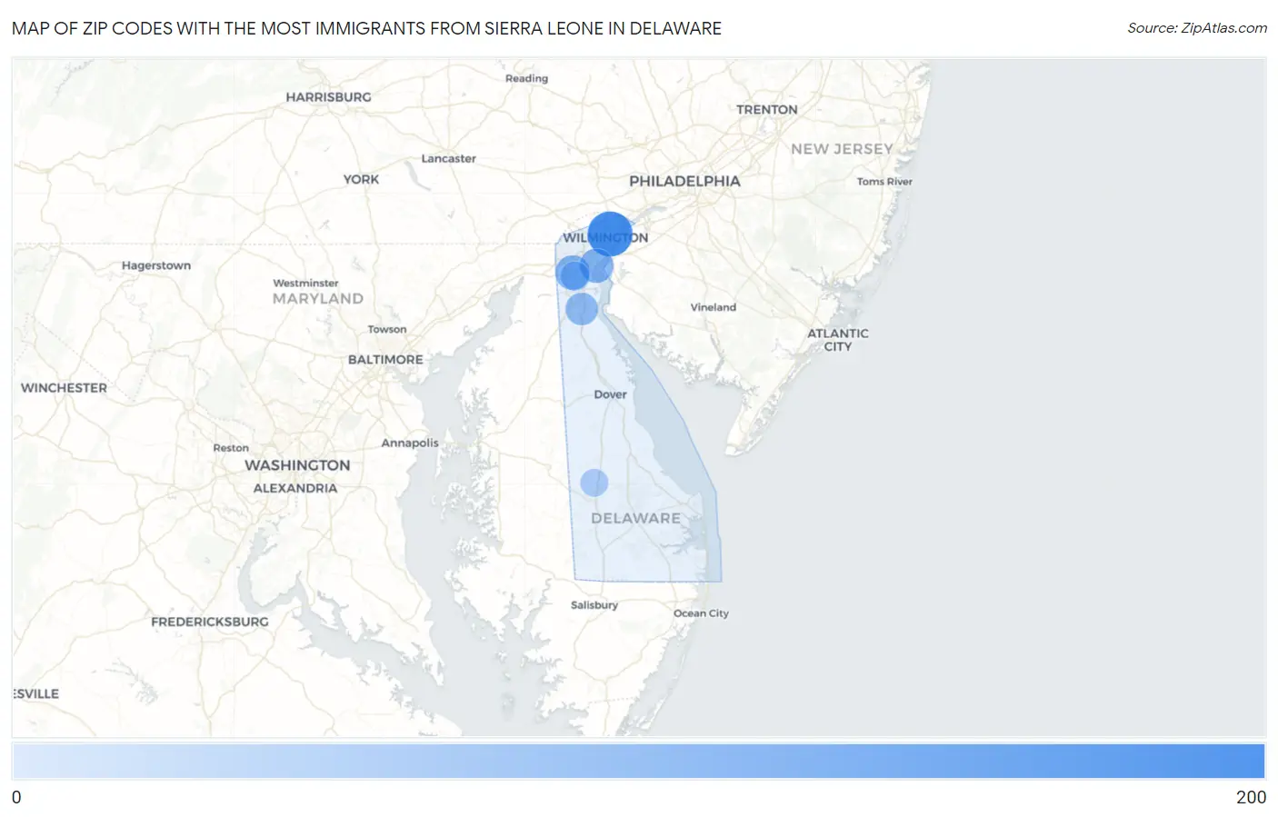 Zip Codes with the Most Immigrants from Sierra Leone in Delaware Map