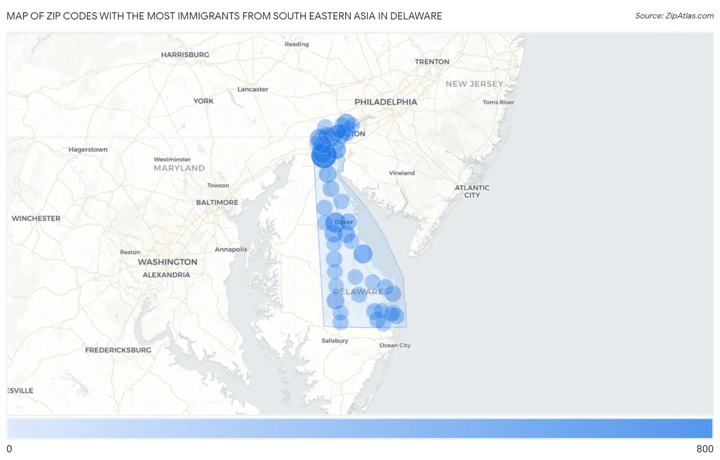 Zip Codes with the Most Immigrants from South Eastern Asia in Delaware Map