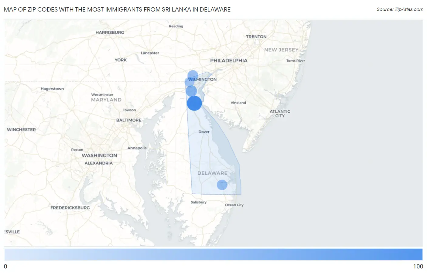 Zip Codes with the Most Immigrants from Sri Lanka in Delaware Map