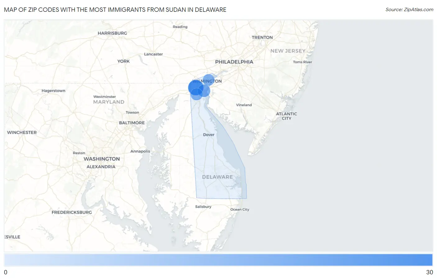 Zip Codes with the Most Immigrants from Sudan in Delaware Map