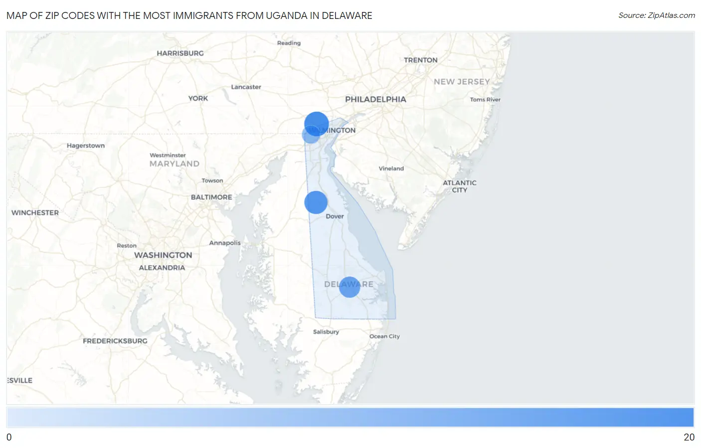 Zip Codes with the Most Immigrants from Uganda in Delaware Map