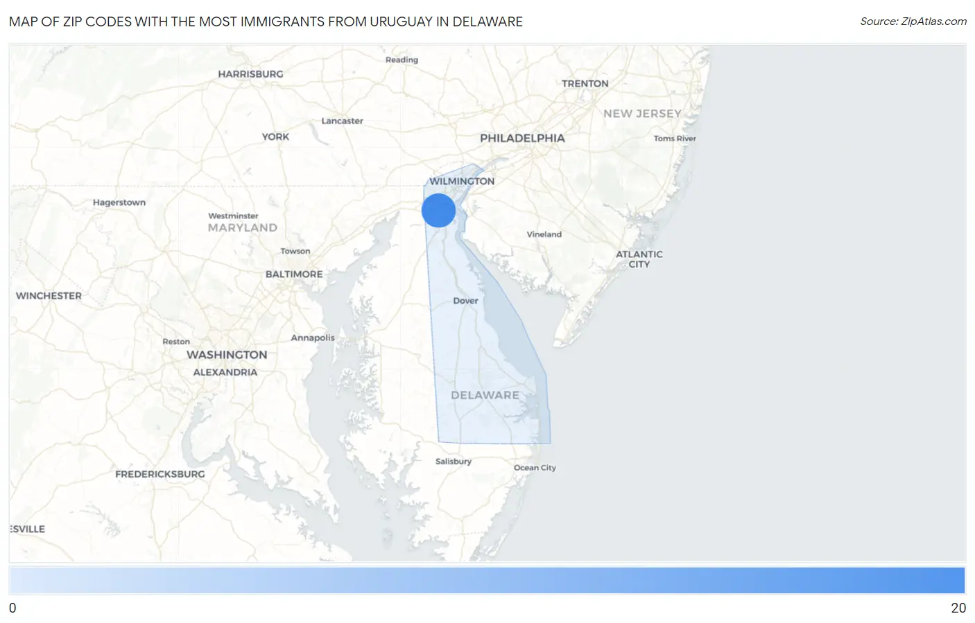 Zip Codes with the Most Immigrants from Uruguay in Delaware Map