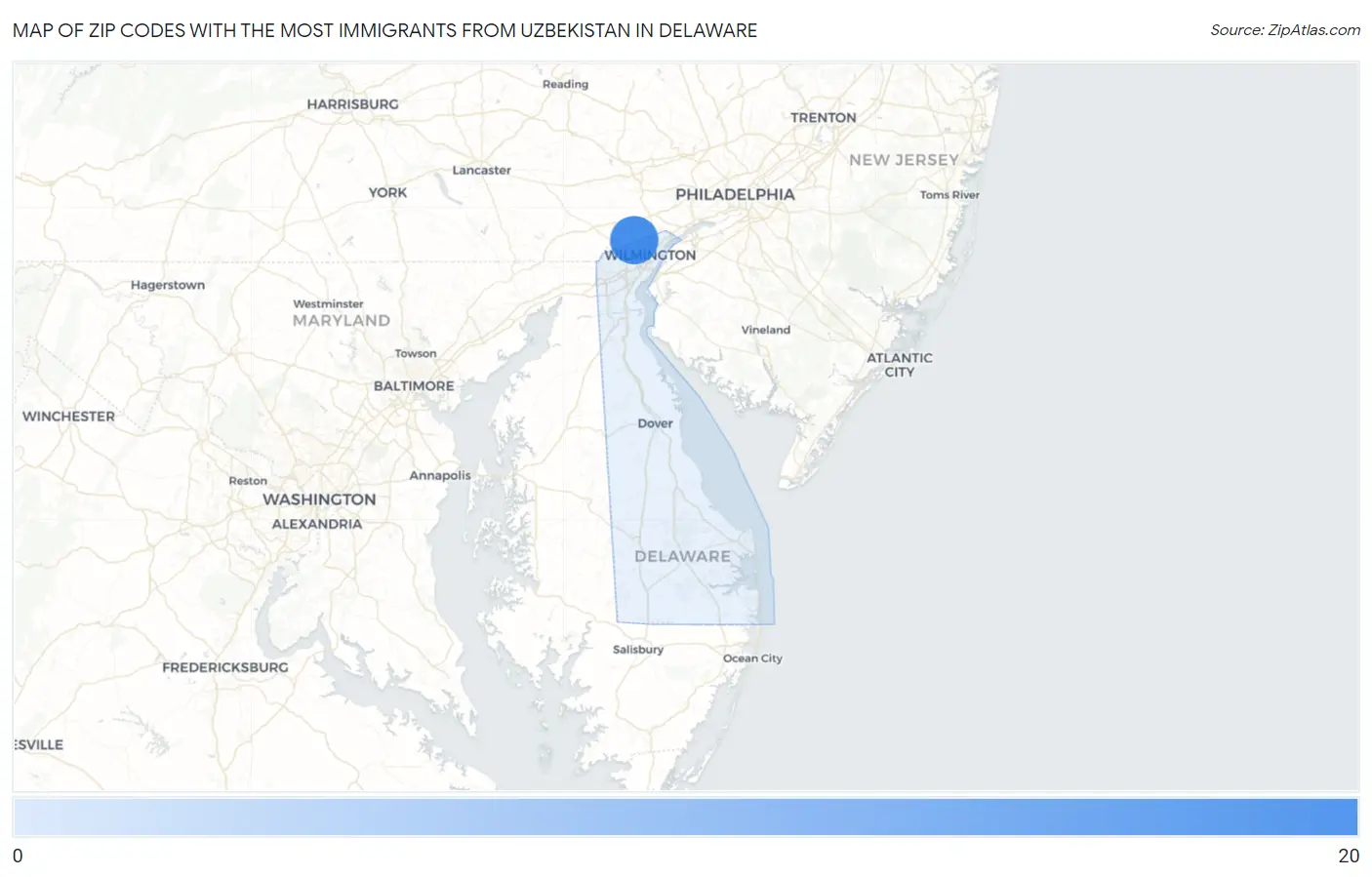 Zip Codes with the Most Immigrants from Uzbekistan in Delaware Map