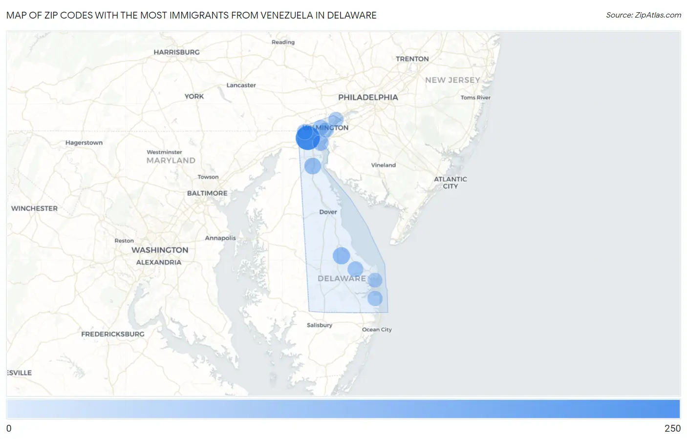 Zip Codes with the Most Immigrants from Venezuela in Delaware Map
