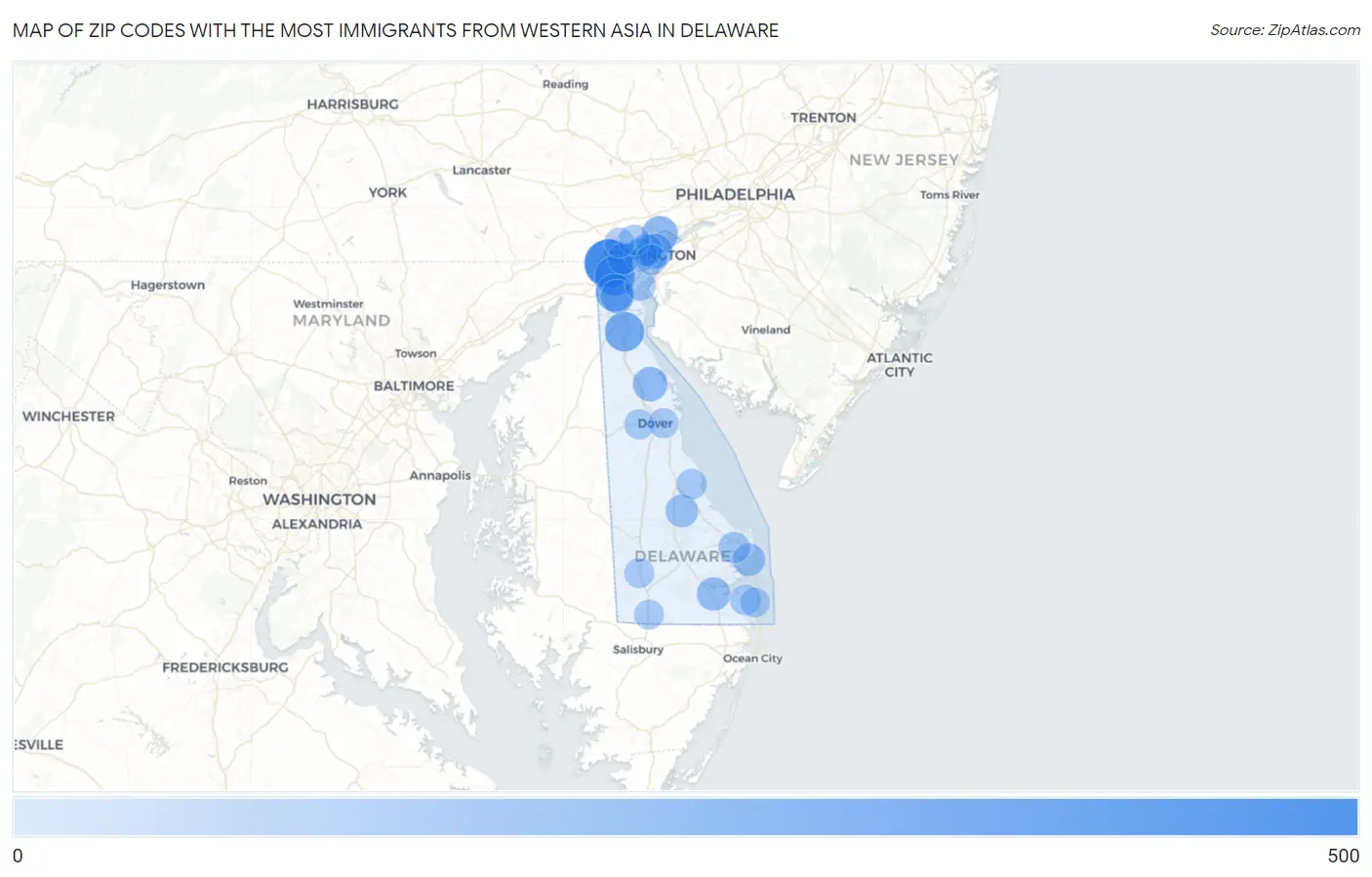 Zip Codes with the Most Immigrants from Western Asia in Delaware Map