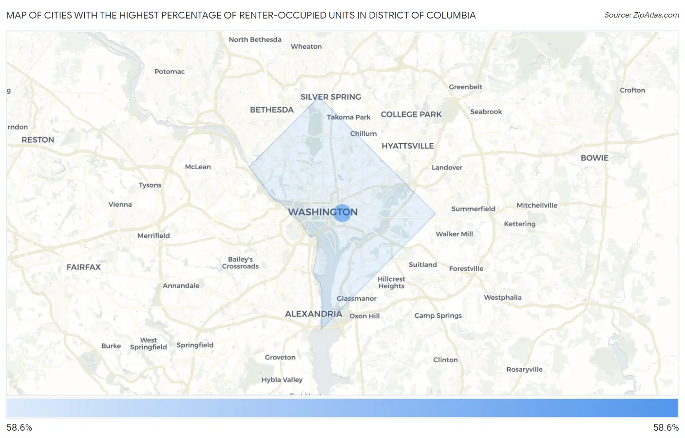 Cities with the Highest Percentage of Renter-Occupied Units in District Of Columbia Map