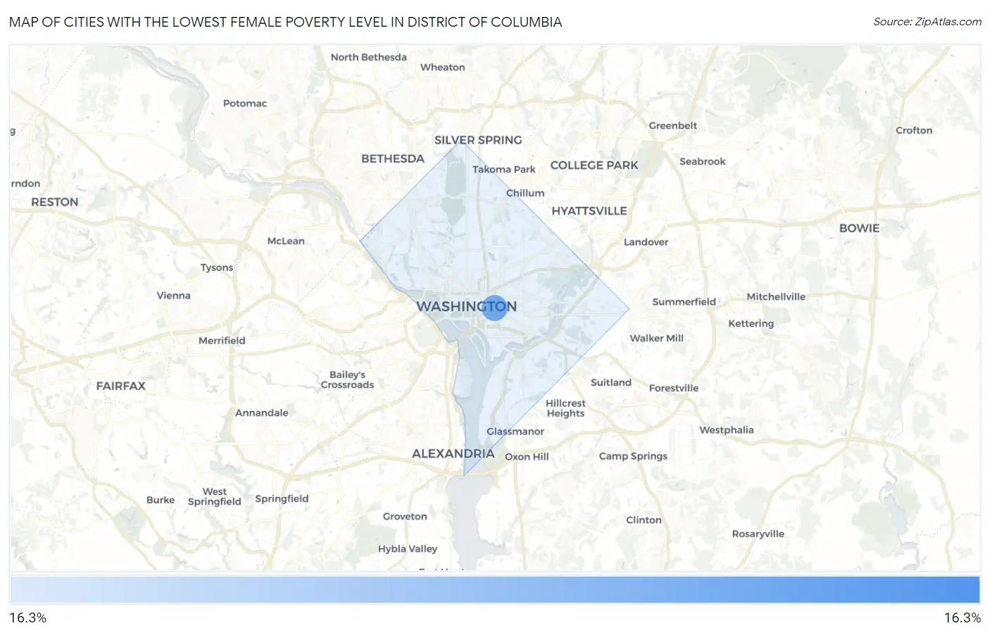 Cities with the Lowest Female Poverty Level in District Of Columbia Map