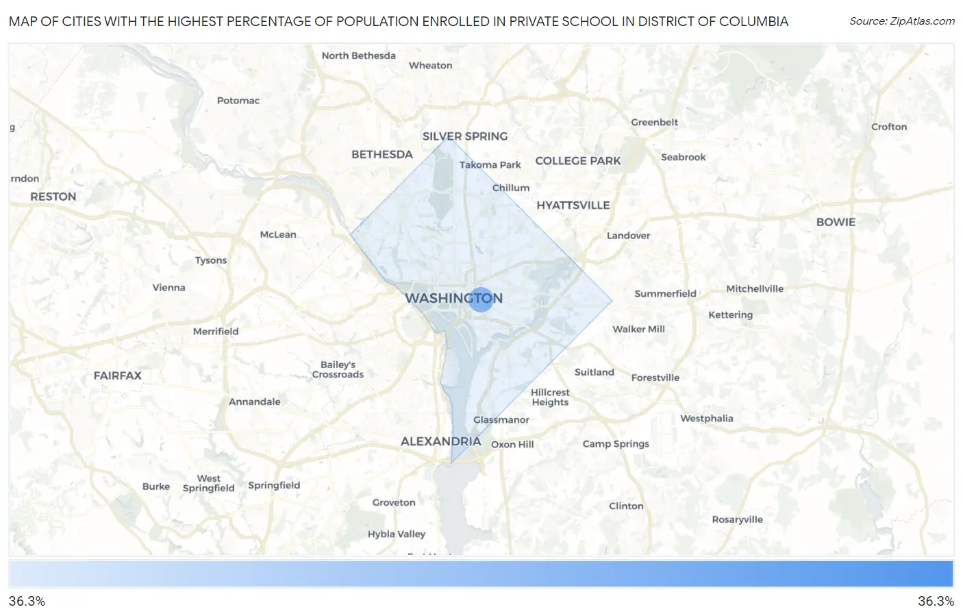 Cities with the Highest Percentage of Population Enrolled in Private School in District Of Columbia Map
