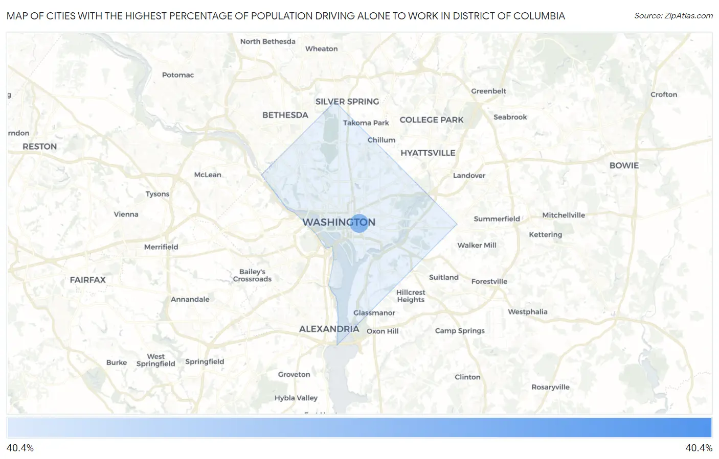 Cities with the Highest Percentage of Population Driving Alone to Work in District Of Columbia Map
