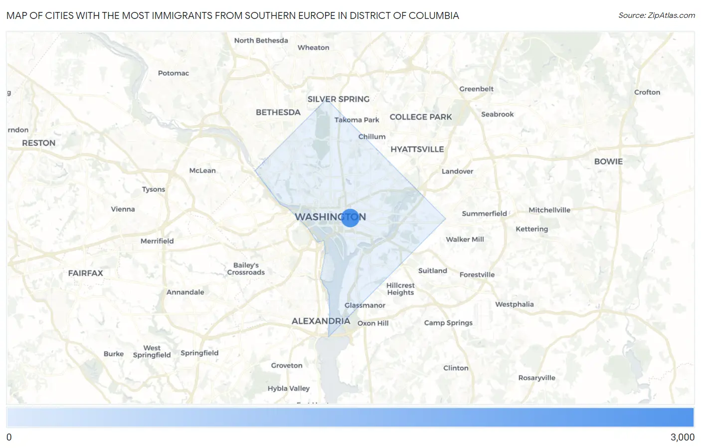 Cities with the Most Immigrants from Southern Europe in District Of Columbia Map