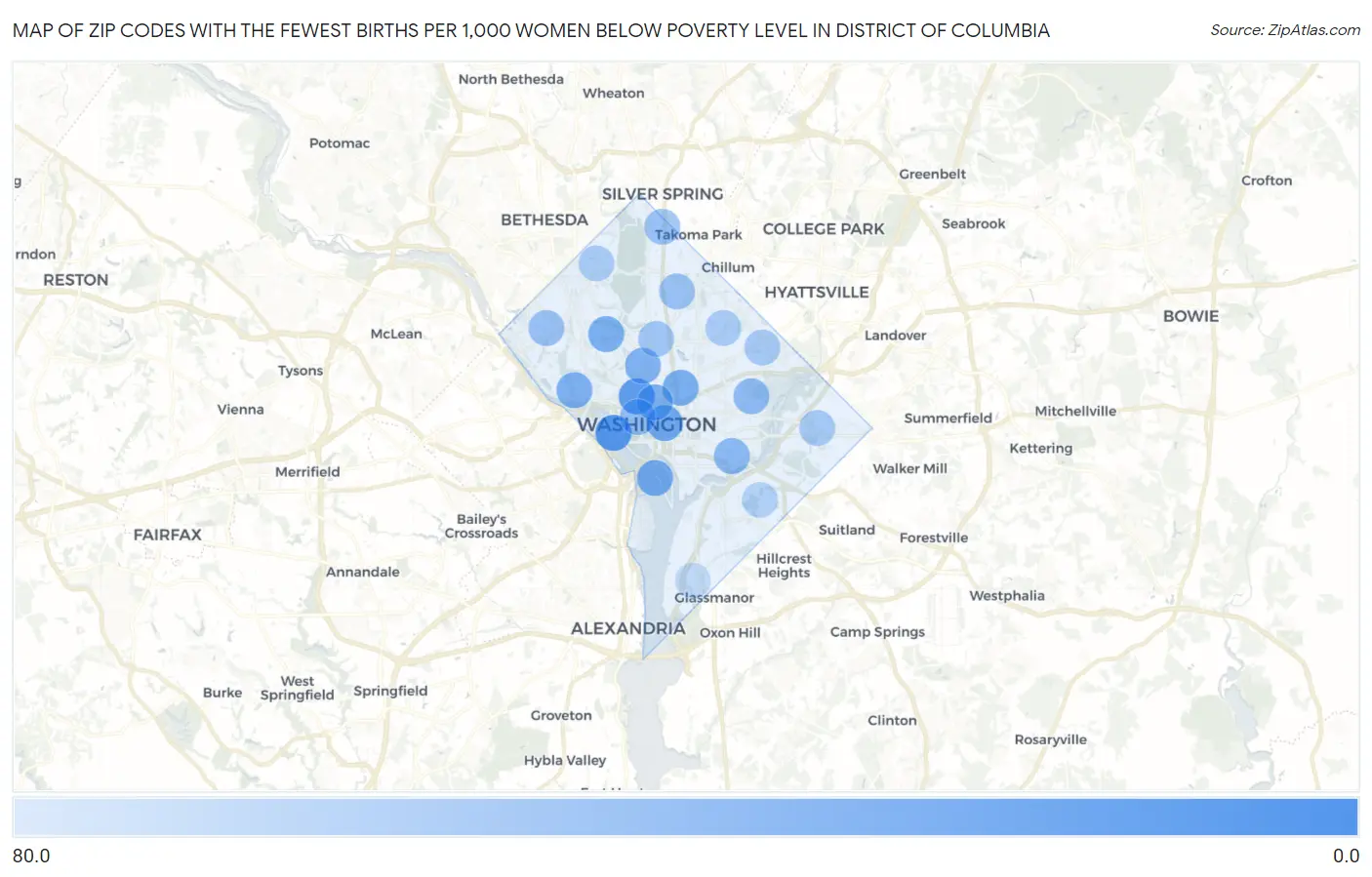 Zip Codes with the Fewest Births per 1,000 Women Below Poverty Level in District Of Columbia Map