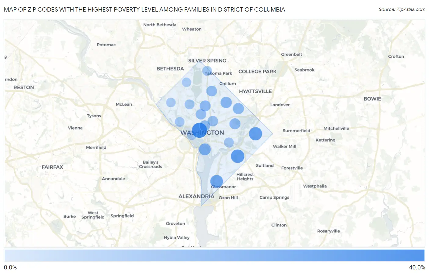 Zip Codes with the Highest Poverty Level Among Families in District Of Columbia Map