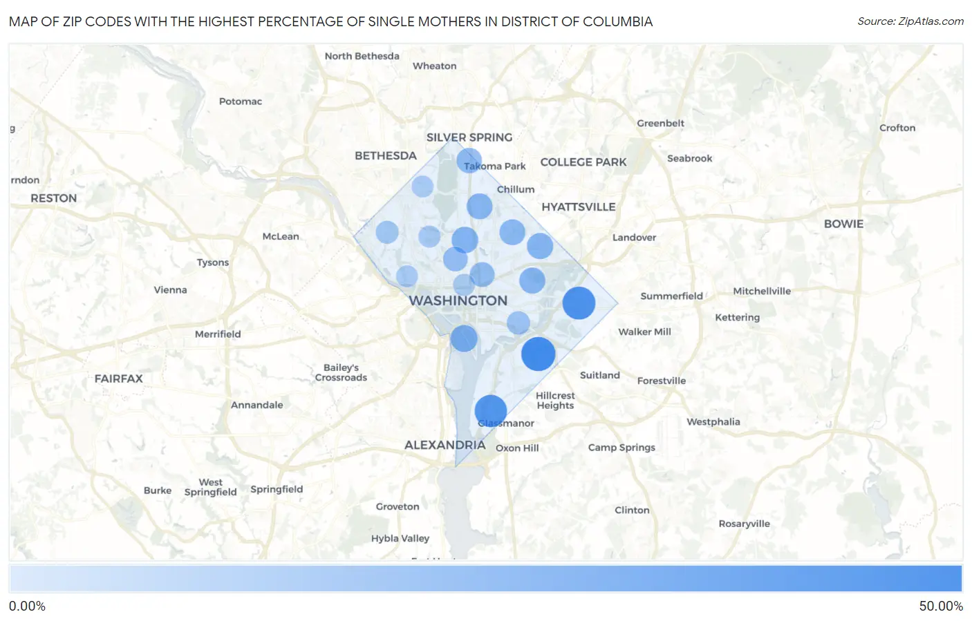 Zip Codes with the Highest Percentage of Single Mothers in District Of Columbia Map