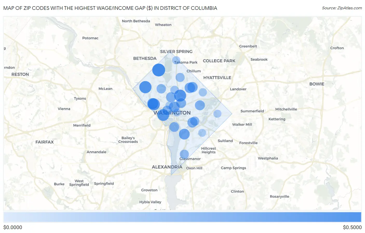 Zip Codes with the Highest Wage/Income Gap ($) in District Of Columbia Map