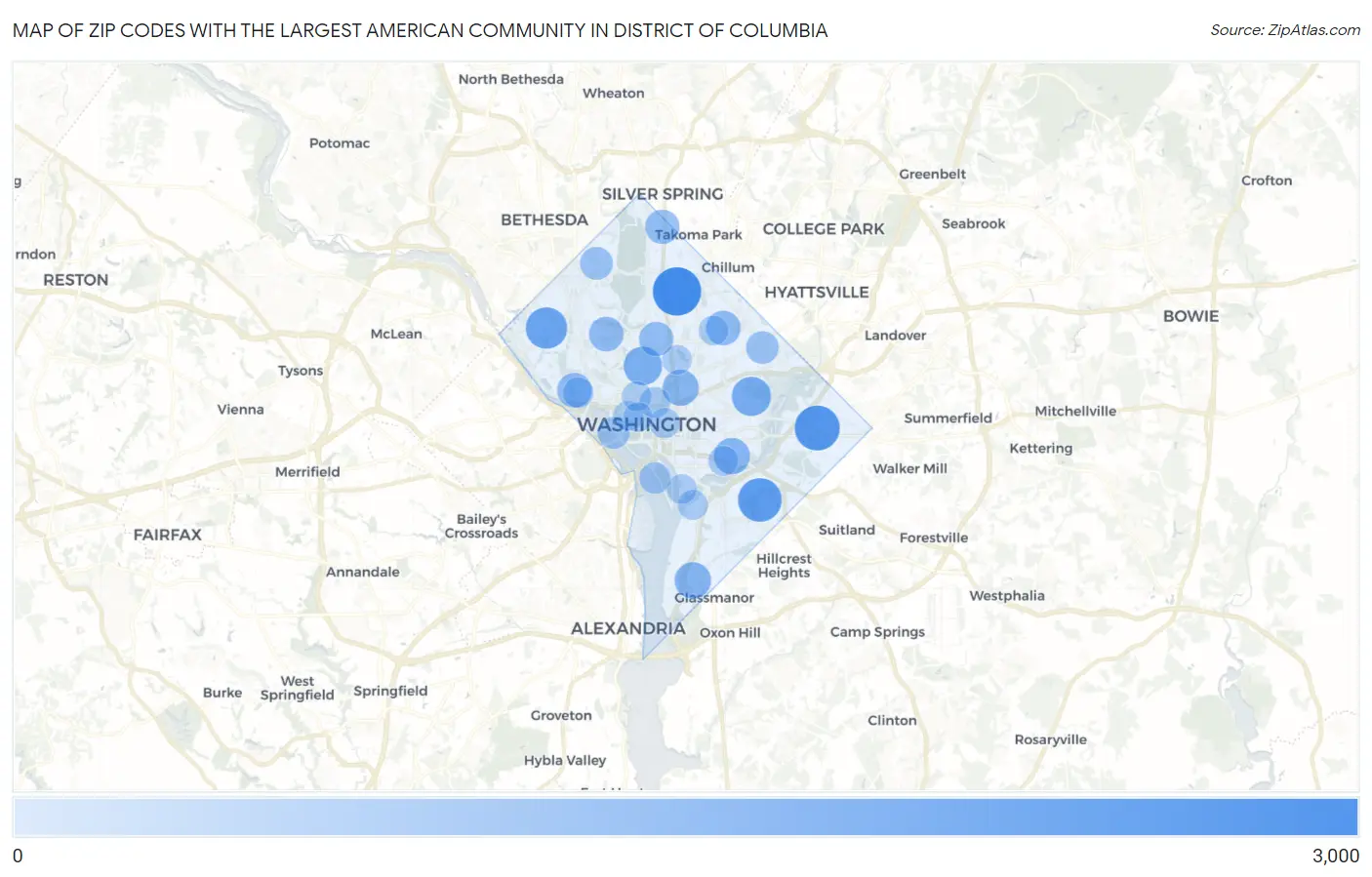 Zip Codes with the Largest American Community in District Of Columbia Map