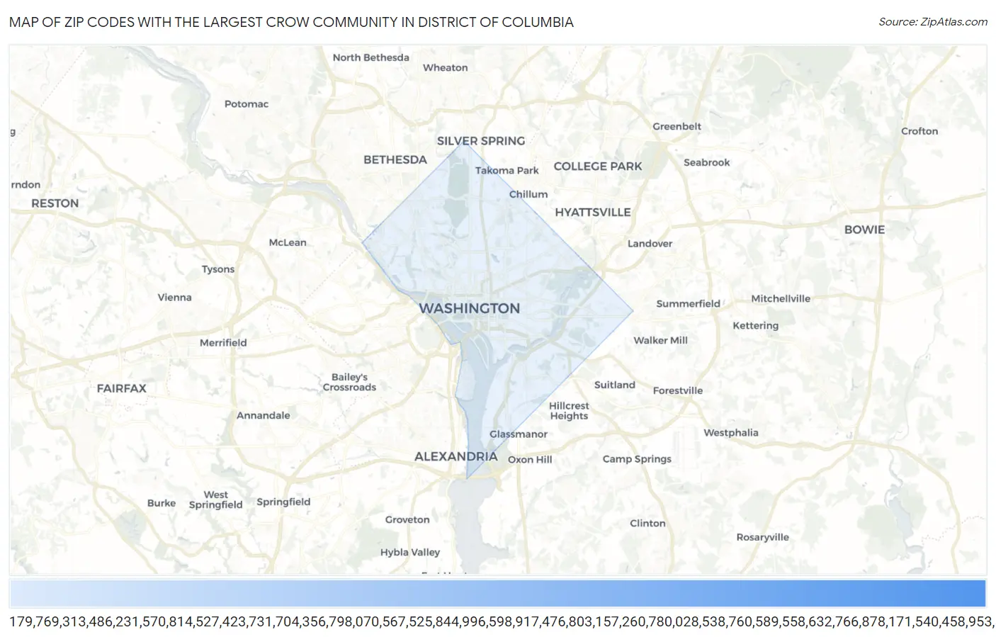 Zip Codes with the Largest Crow Community in District Of Columbia Map