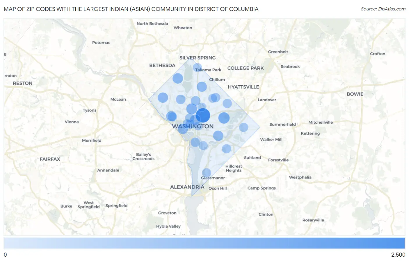 Zip Codes with the Largest Indian (Asian) Community in District Of Columbia Map