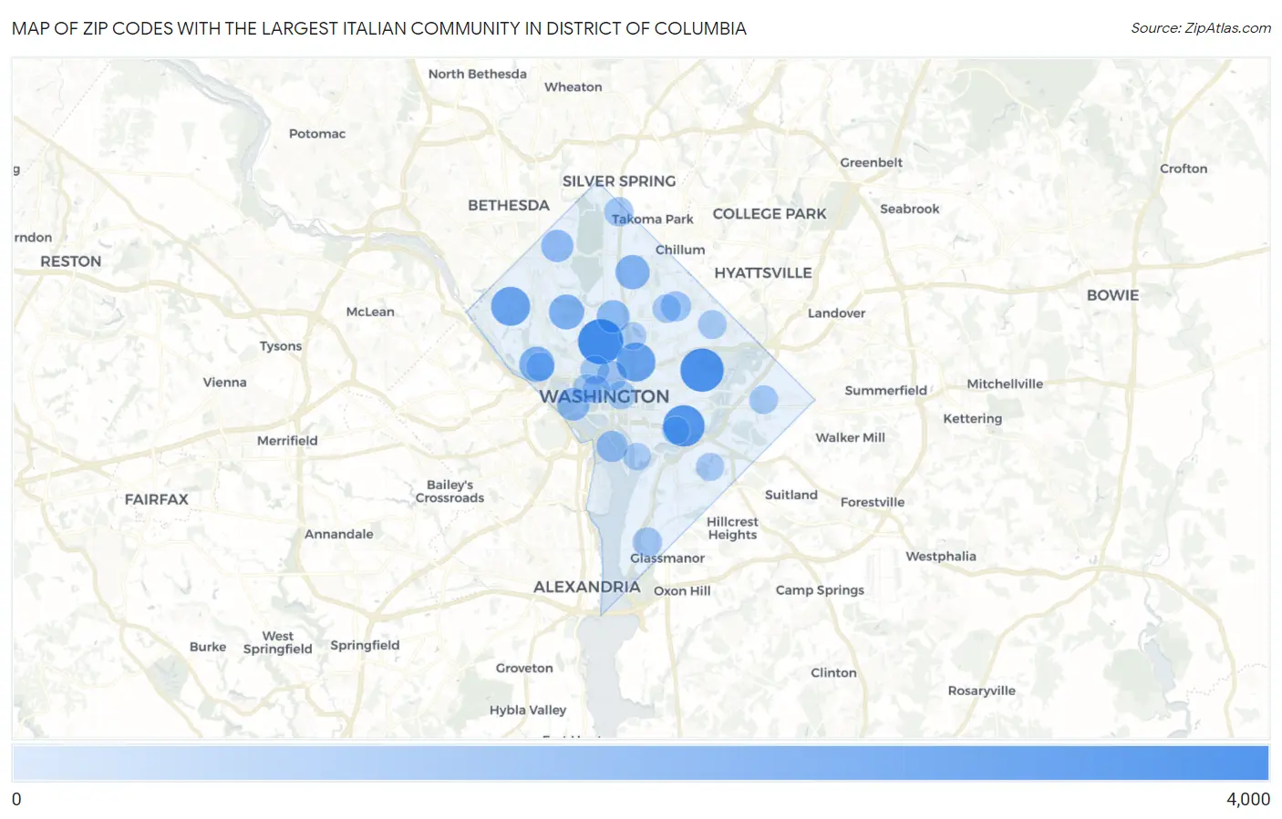 Zip Codes with the Largest Italian Community in District Of Columbia Map