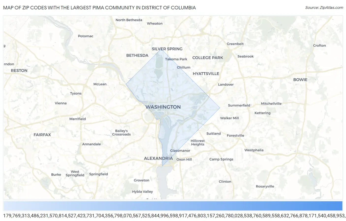 Zip Codes with the Largest Pima Community in District Of Columbia Map